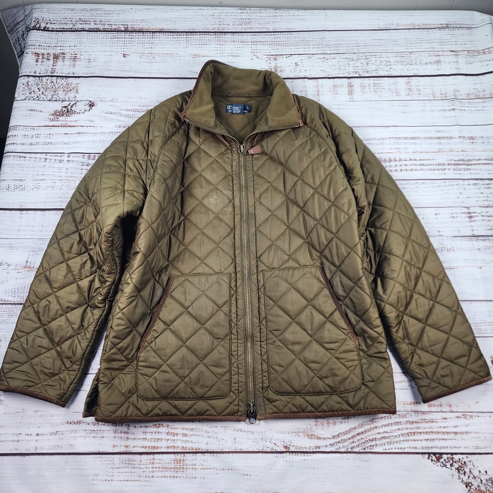 Polo Ralph Lauren Diamond Quilted Jacket Men XL Olive Green Fleece Lined FZ